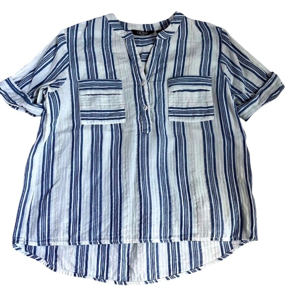 Life Style Blouse Women PM Blue Striped Metallic Cotton Top